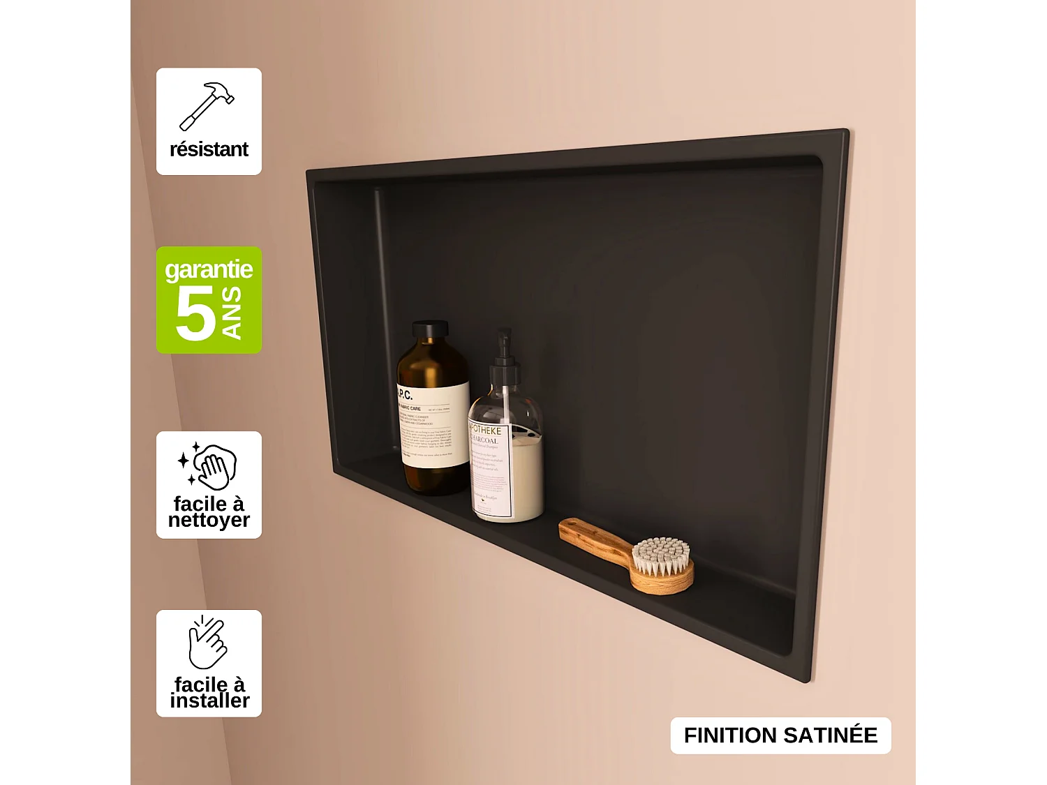 Niche de Douche, Rangement mural de Salle de Bain et Douche 30x60cm Noir Satiné, NOOK by SANIZÉO