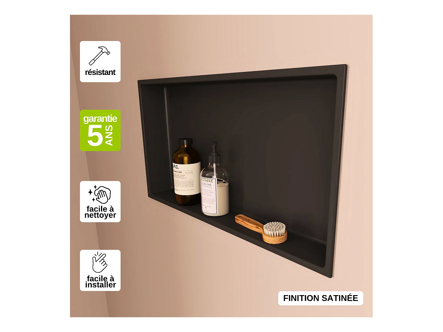 Niche de Douche, Rangement mural de Salle de Bain et Douche 30x60cm Noir Satiné, NOOK by SANIZÉO