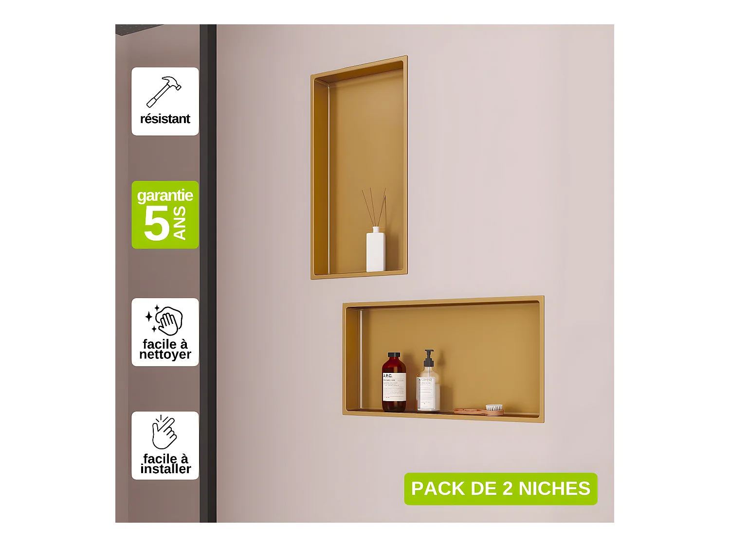 Lot de 2 Niches de Douche, Rangement mural de Salle de Bain et Douche 30x60cm Or Satiné, NOOK by SANIZÉO