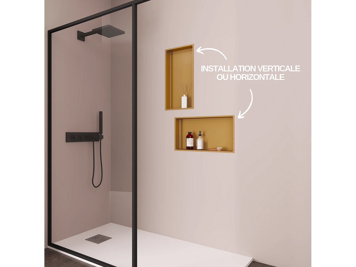 Lot de 2 Niches de Douche, Rangement mural de Salle de Bain et Douche 30x60cm Or Satiné, NOOK by SANIZÉO