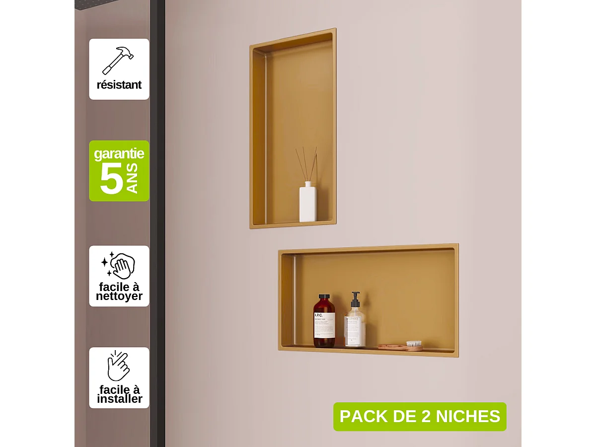 Lot de 2 Niches de Douche, Rangement mural de Salle de Bain et Douche 63X33cm Or Satiné, NOOK by SANIZÉO