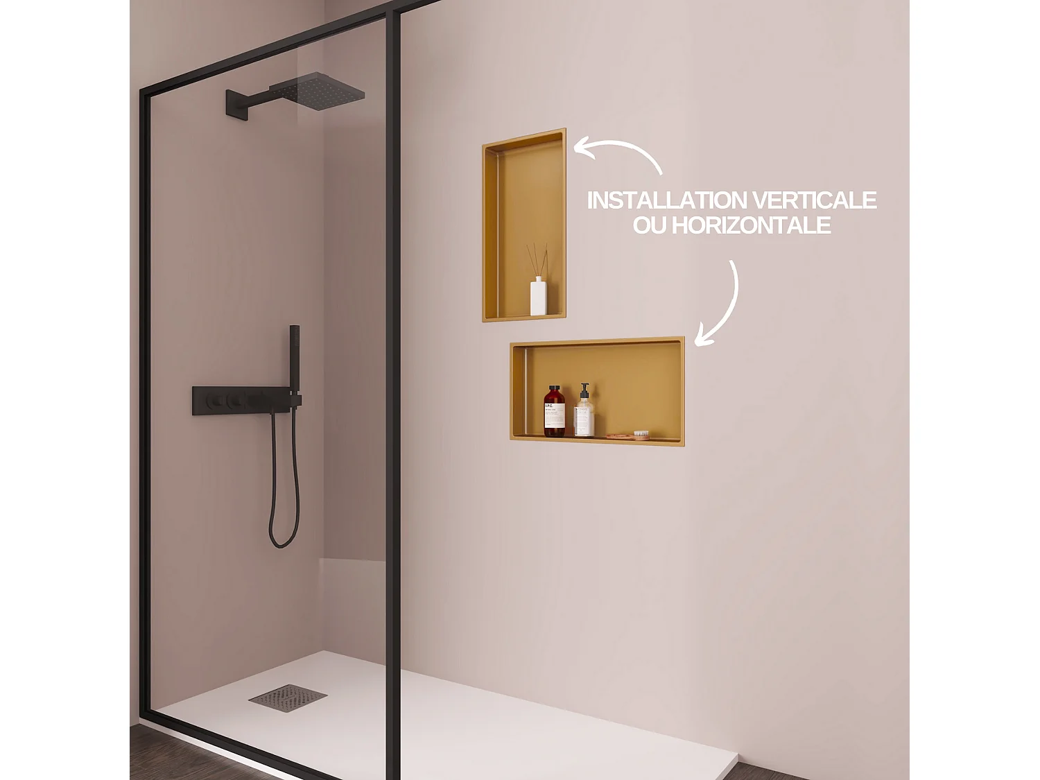 Lot de 2 Niches de Douche, Rangement mural de Salle de Bain et Douche 63X33cm Or Satiné, NOOK by SANIZÉO