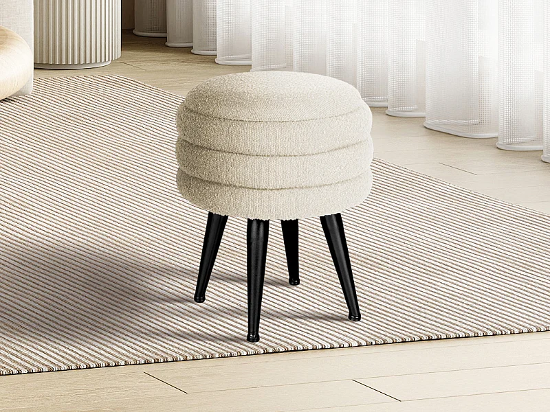 Tabouret bas coffre de rangement en tissu bouclette et métal noir - Crème - ESDALO
