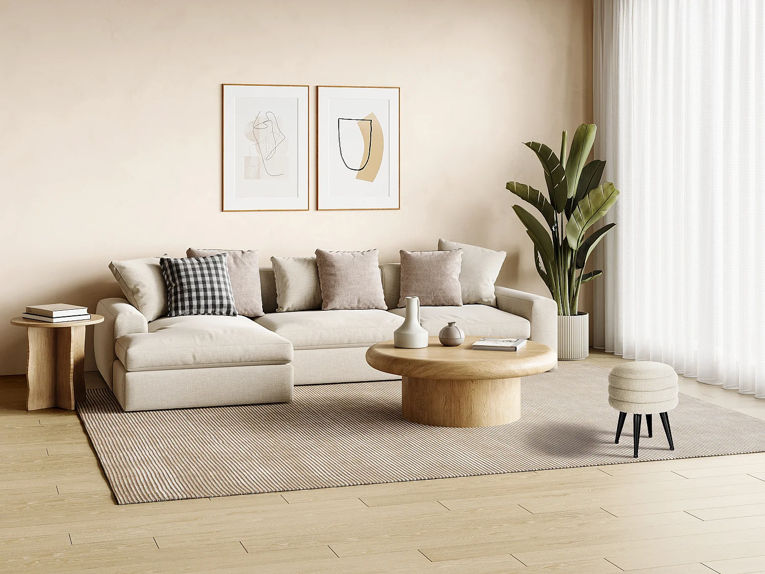 Lage kruk met opbergruimte van boucléstof en zwart metaal - Crèmewit - ESDALO