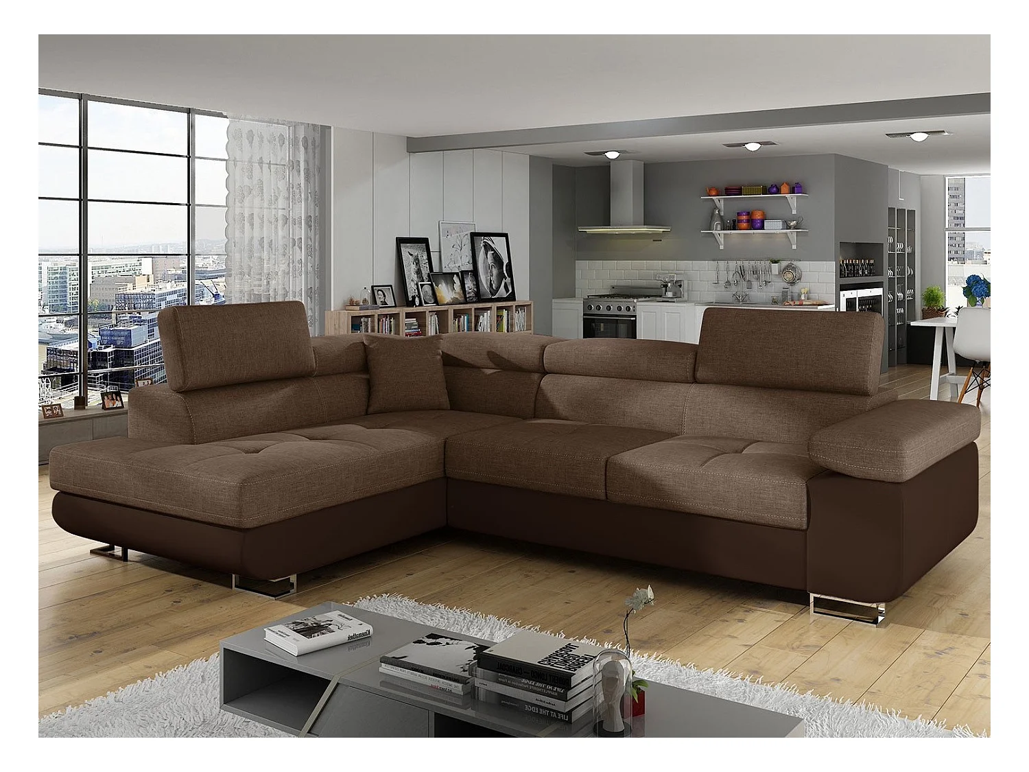 Canapé d'Angle Gauche Convertible "Marius" 275cm Marron