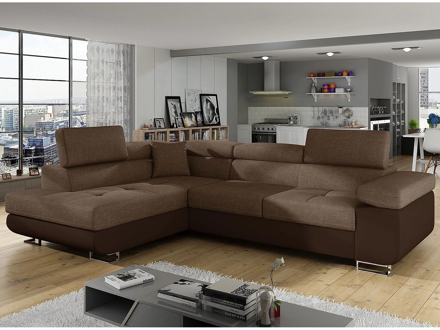 Sofá esquinero convertible en símil piel y tela reposacabezas elevables - Colección Marka-Marrón/Marrón claro-Ángulo izquierdo