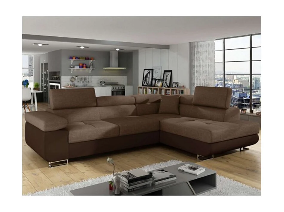 Sofá esquinero convertible en símil piel y tela reposacabezas elevables - Colección Marka-Marrón/Marrón claro-Ángulo izquierdo