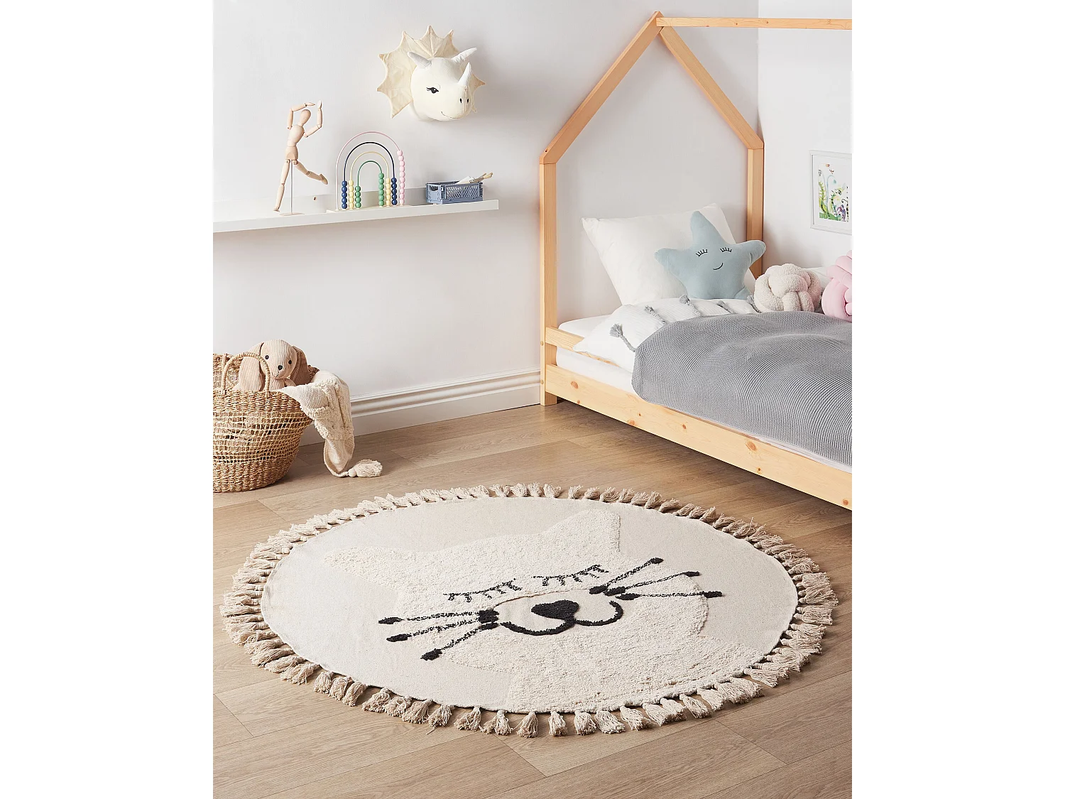 Tapis enfant rond avec motif de chat en coton beige ø 120 cm ETSERI