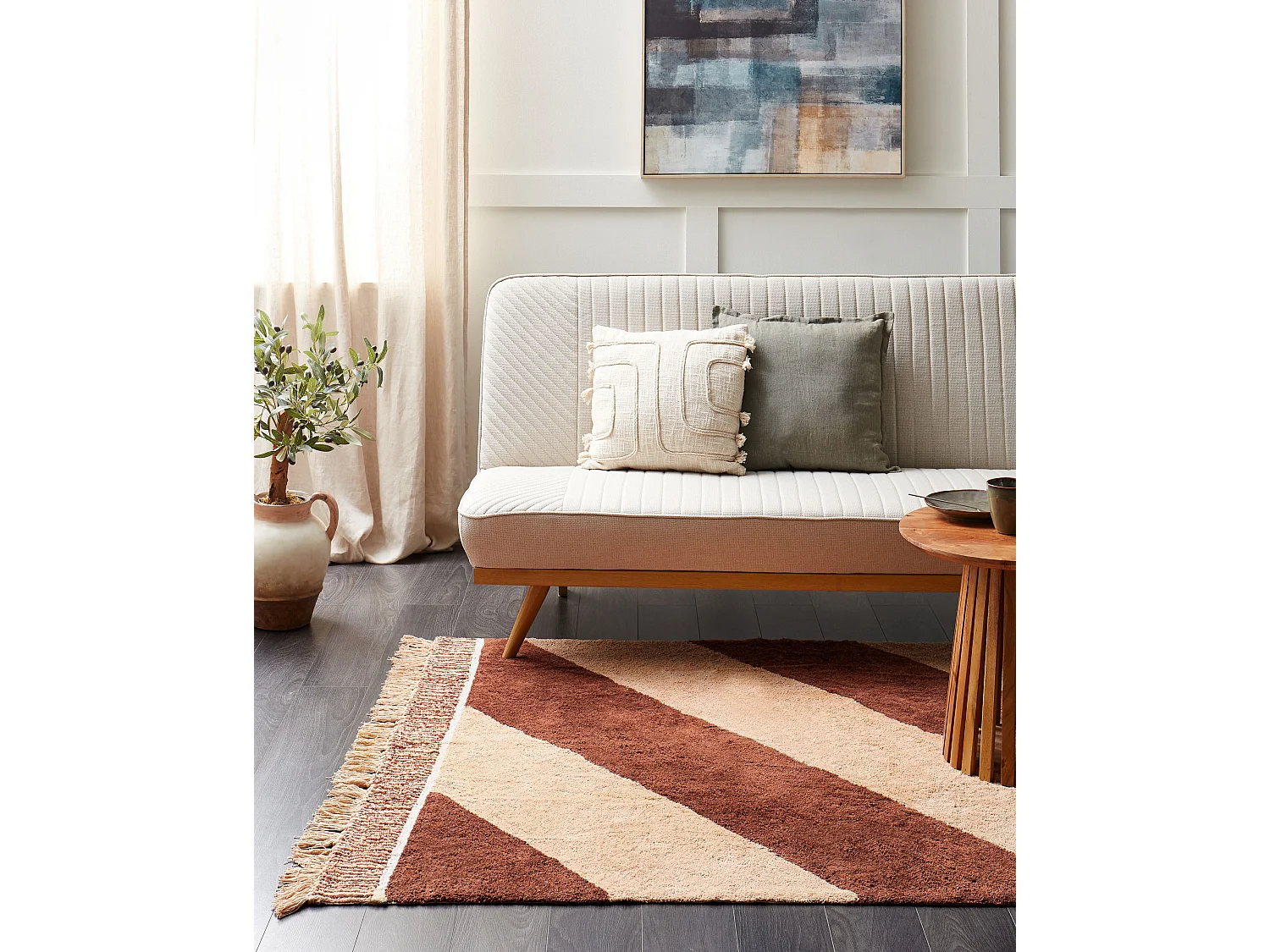 Teppich Baumwolle beige / braun 140x200 cm Strefenmuster mit Fransen Boho Xuluf