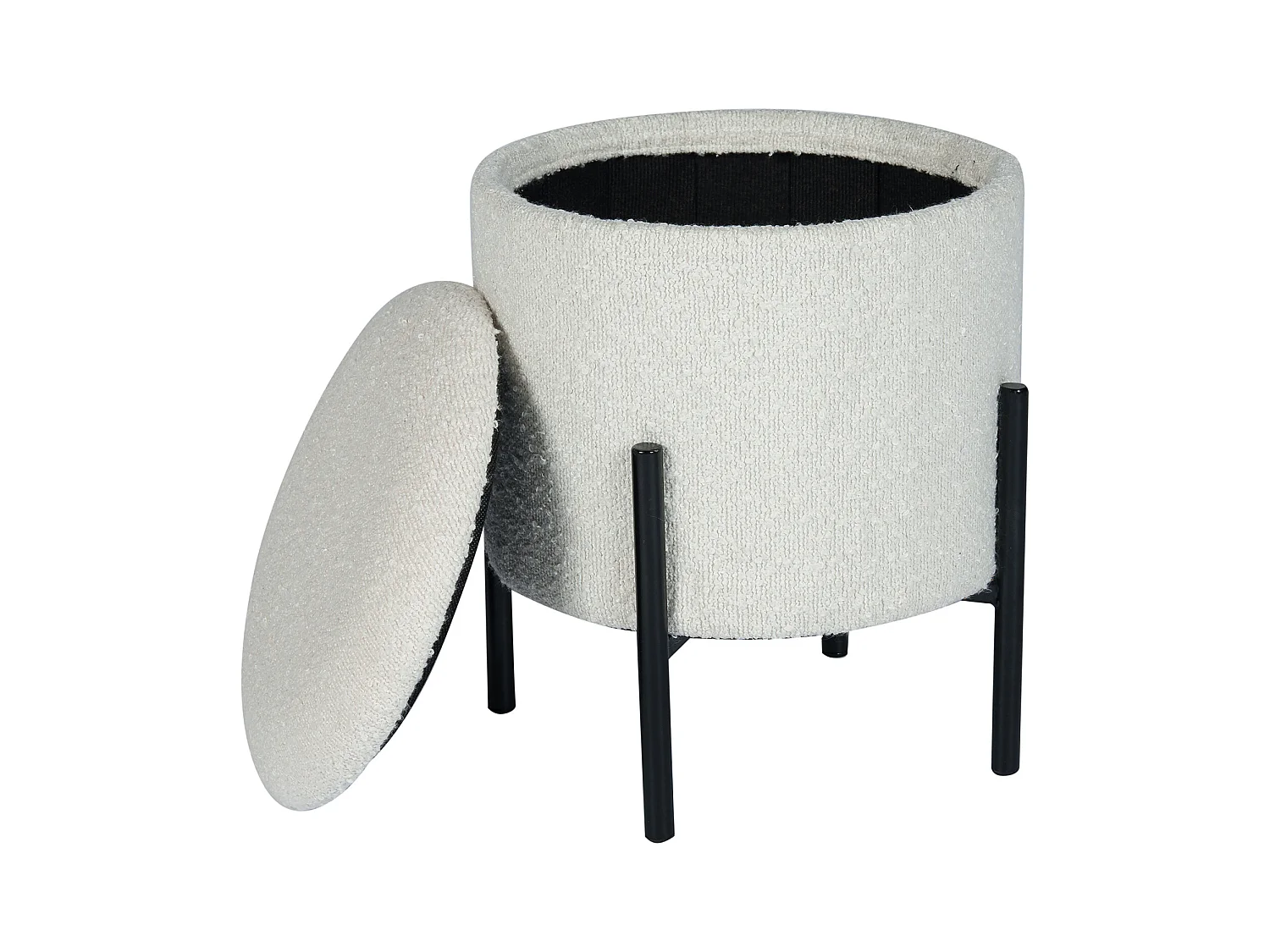 Banco baixo com espaço de arrumação em tecido bouclé e metal preto cor creme - EZEL