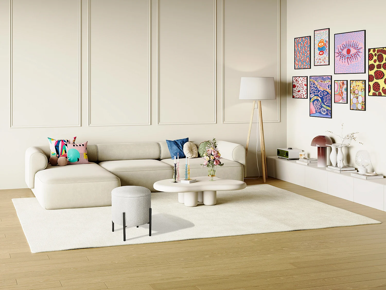 Banco baixo com espaço de arrumação em tecido bouclé e metal preto cor creme - EZEL