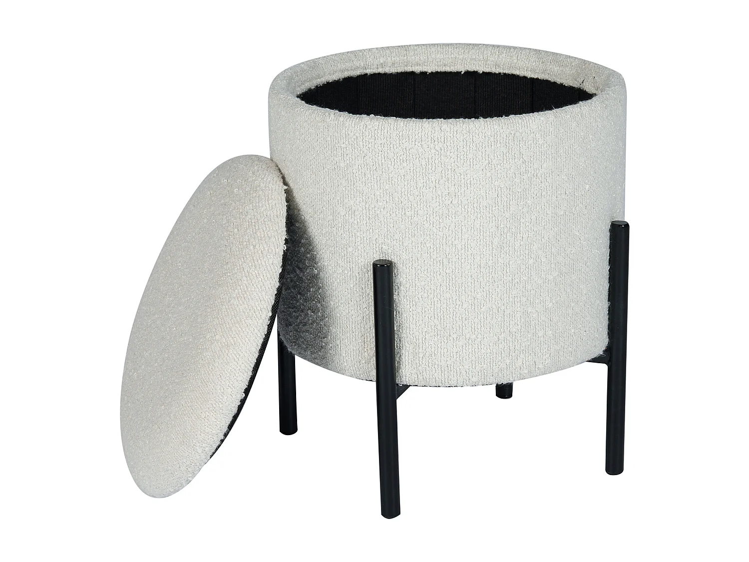 Tabouret bas coffre de rangement en tissu bouclette et métal noir - Crème - EZEL