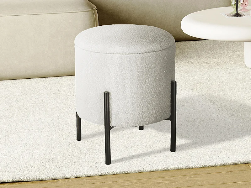 Niedriger Hocker mit Stauraum - Bouclé-Stoff & schwarzes Metall - Cremefarben - EZEL