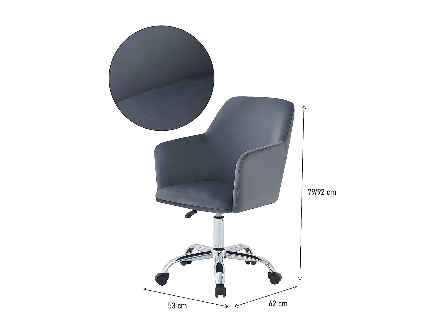 Cadeira de escritório ajustável em veludo "Ophélie" com apoio de braços - Cinza