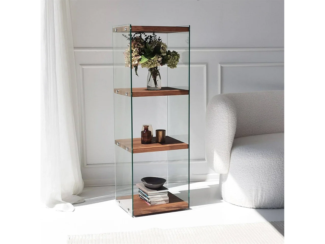 Elegante librería de 120 cm de alto, 40 cm de ancho y 35 cm de fondo | Estructura 100% madera maciza y cristal templado | Acabado natural, s