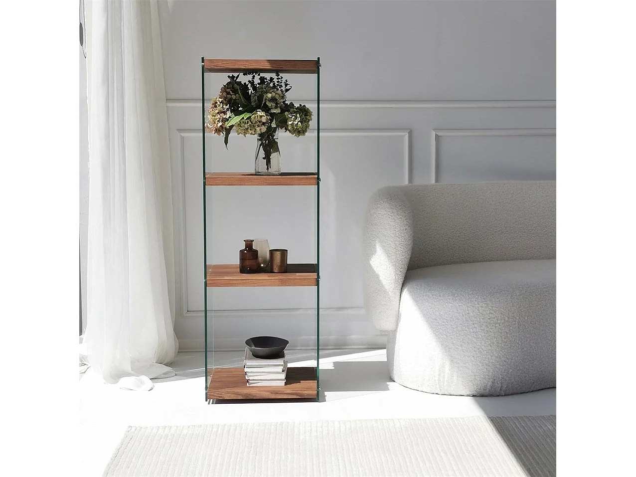 Elegante boekenkast, 120 cm hoog, 40 cm breed, 35 cm diep | 100% massief hout en gehard glas | Natuurlijke afwerking, elegante en functionel