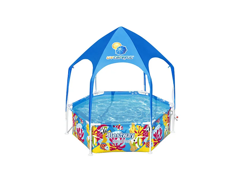 Piscina per Bambini Steel Pro con Parasole Splash-in-Shade Ø183x51 cm Animali Marini a Partire dai 3 Anni