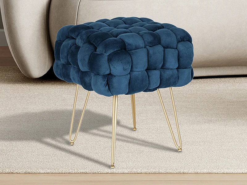 Tabouret bas en velours et métal doré - Bleu - ESMEA