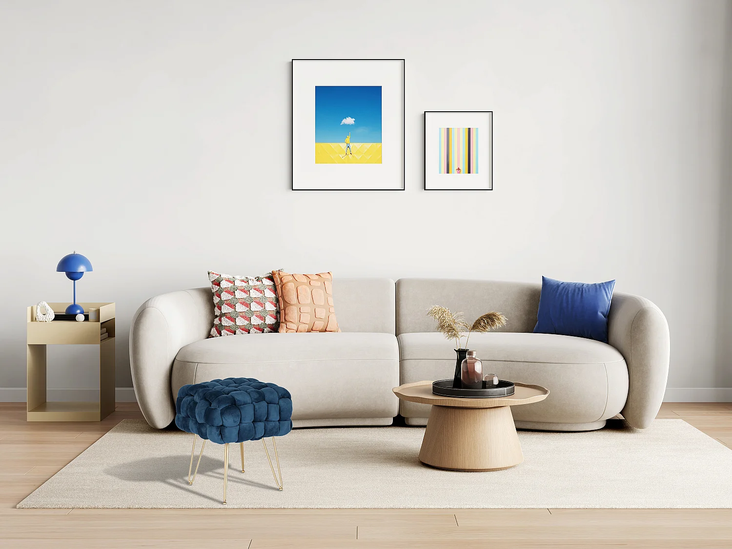 Tabouret bas en velours et métal doré - Bleu - ESMEA