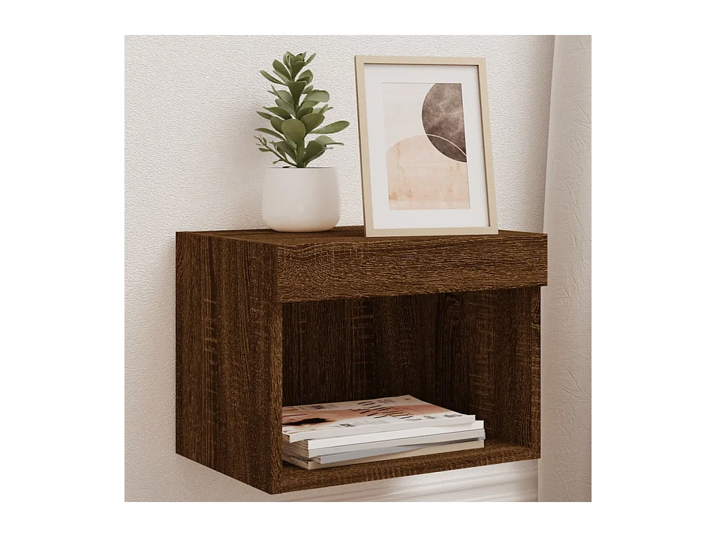 Table de chevet murale avec lumières LED chêne marron
