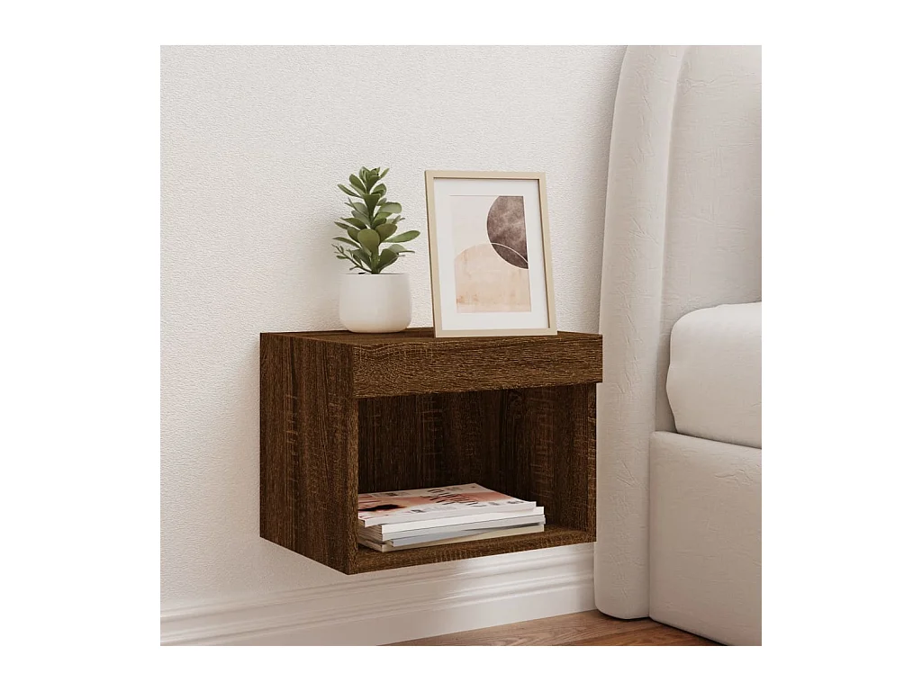 Table de chevet murale avec lumières LED chêne marron