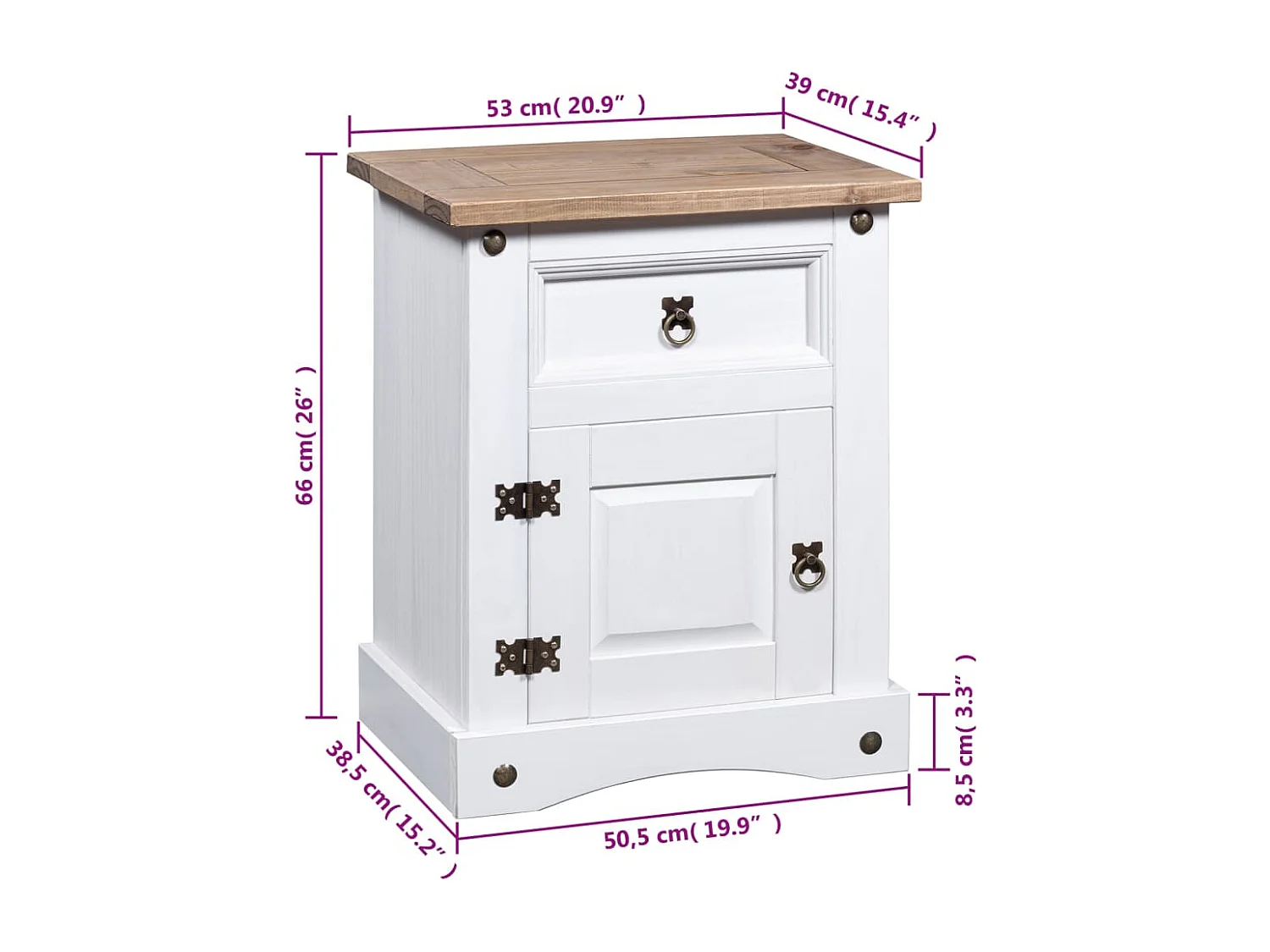 Table de chevet Gamme Corona pin mexicain Blanc 53x39x67 cm