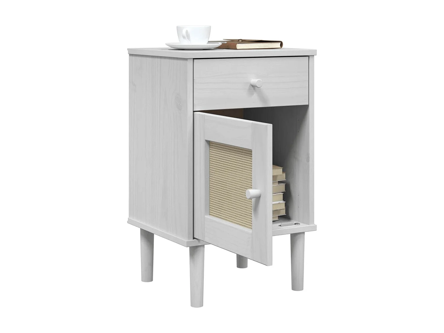 Table de chevet SENJA aspect de rotin blanc bois de pin massif