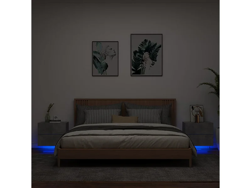 Tables de chevet murales avec lumières LED 2 pièces gris béton