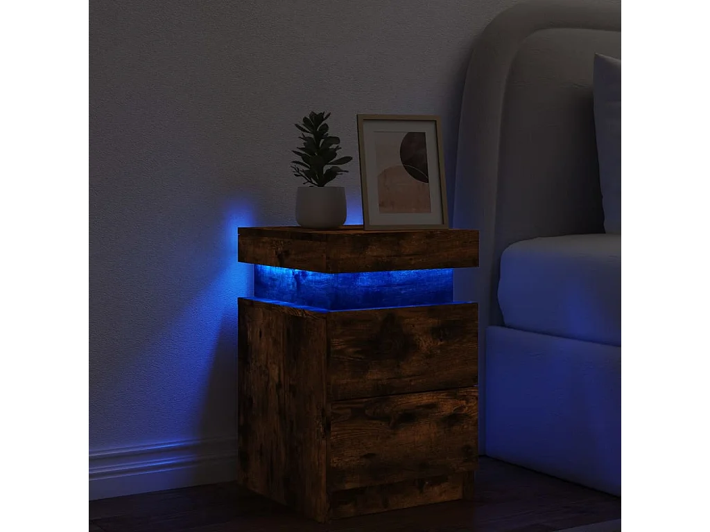 Mesita de noche con luces LED roble ahumado 35x39x55 cm