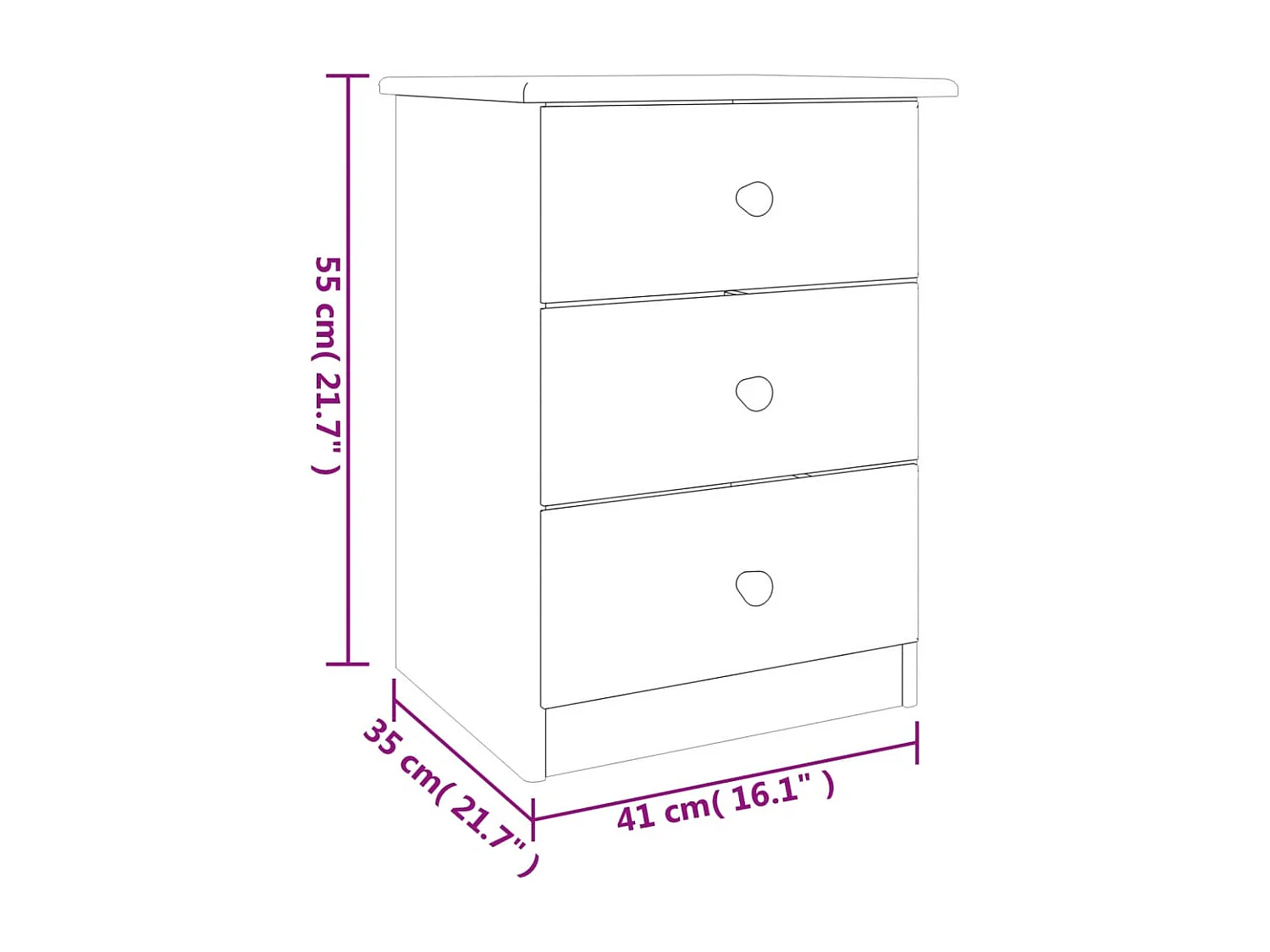 Mesita de noche ALTA madera maciza de pino blanco 41x35x55 cm