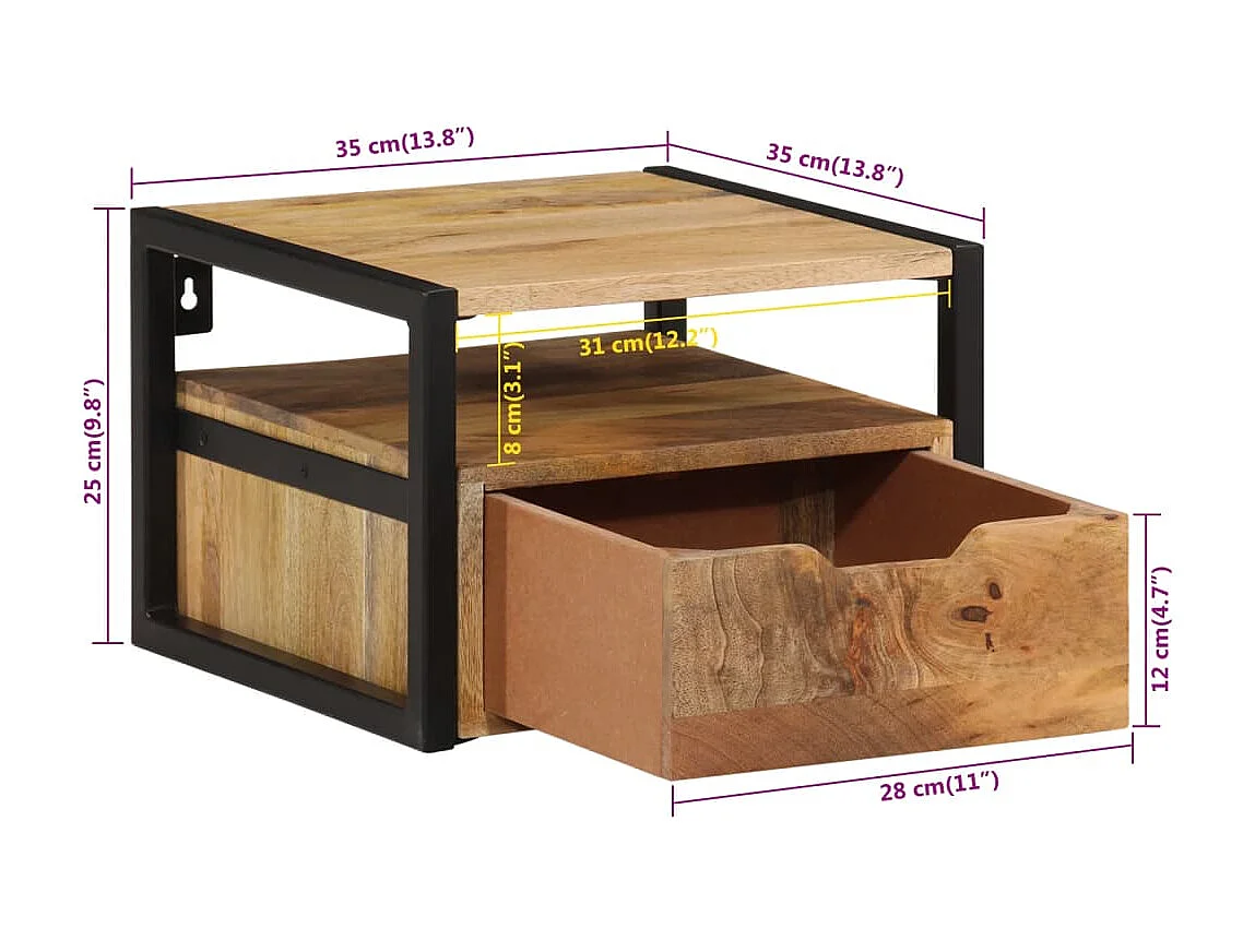 Table de chevet murale 35x35x25 cm bois d'acacia solide