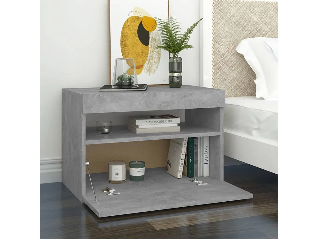 Tables de chevet avec lumières LED 2 pièces gris béton 60x35x40 cm