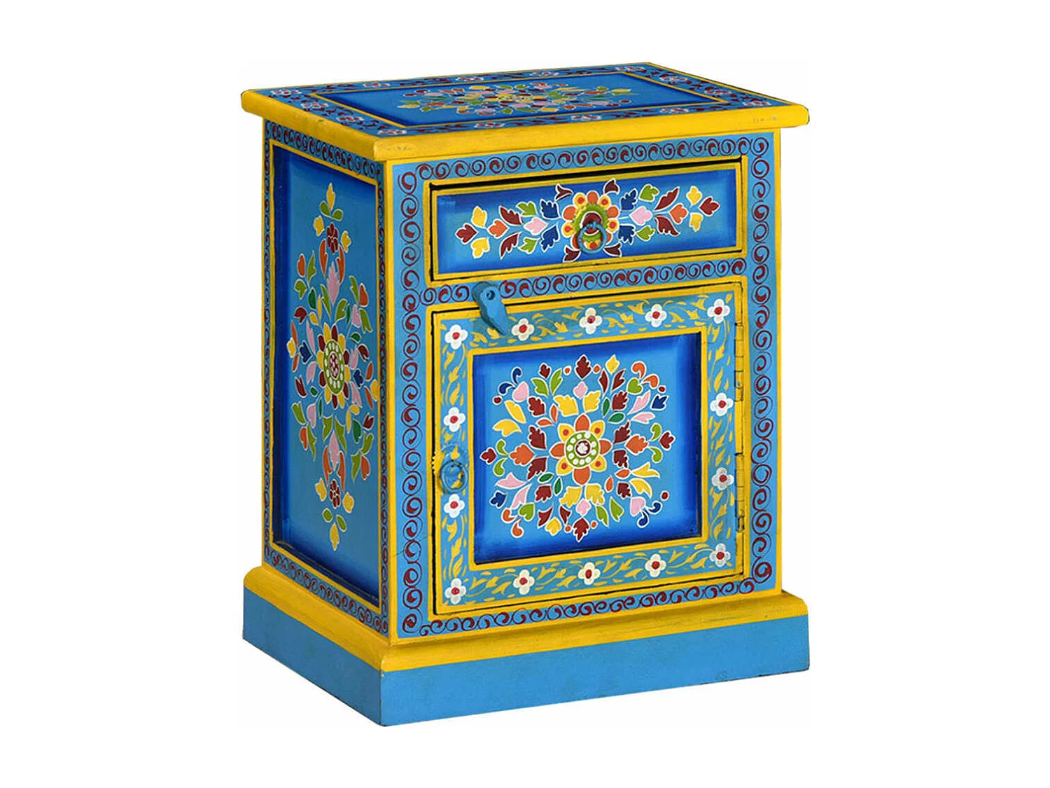 Table de chevet Bois de manguier Turquoise Peinture à la main