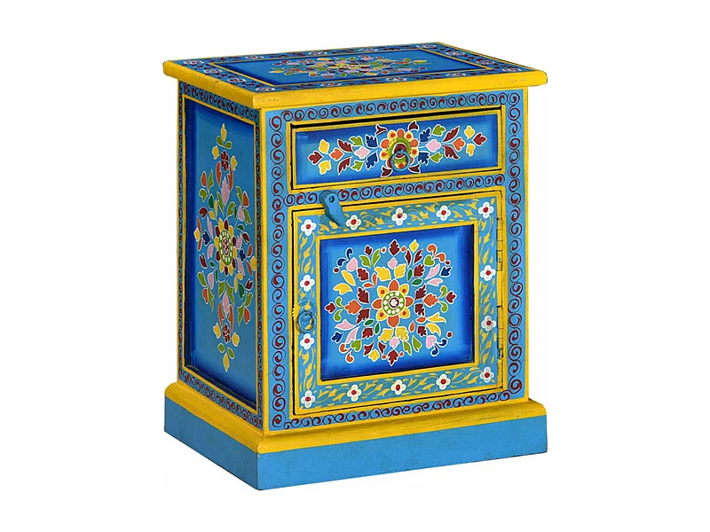 Nachtkastje handgeschilderd massief mangohout turquoise