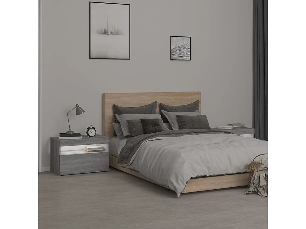 Tables de chevet 2 pièces et lumières LED Sonoma gris 60x35x40 cm
