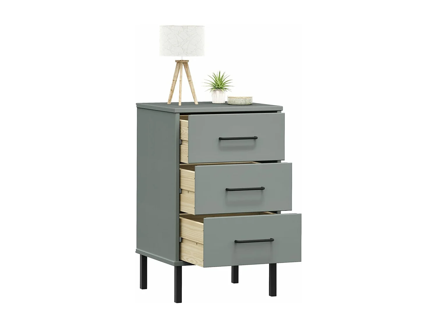 Nachtkastje met metalen poten OSLO massief grenenhout grijs