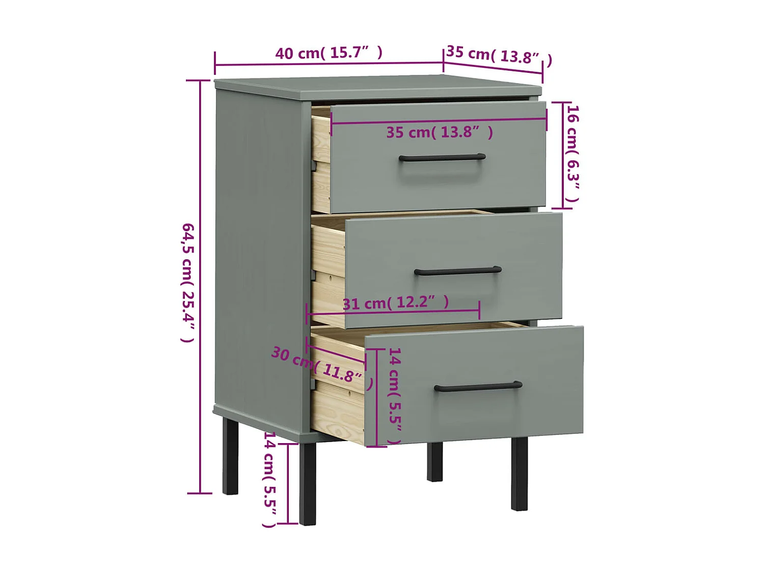 Table de chevet avec pieds en métal Gris Bois pin massif OSLO