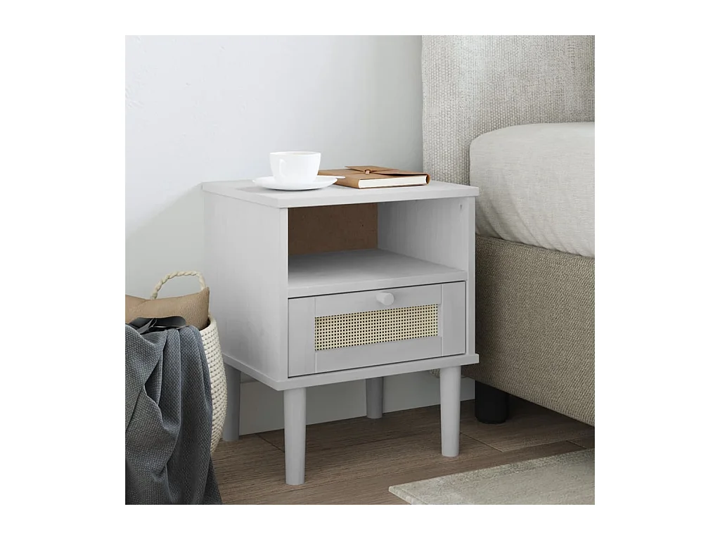 Table de chevet SENJA aspect de rotin blanc bois de pin massif