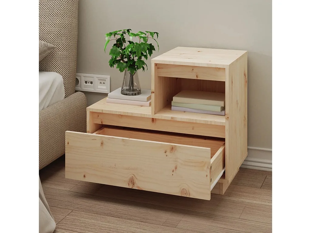 Mesita de noche madera maciza de pino 60x34x51 cm