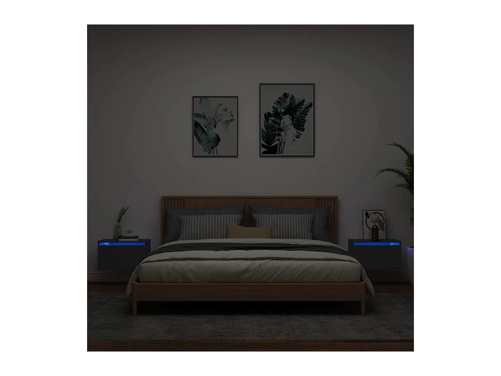 Tables de chevet murales avec lumières LED 2 pièces noir