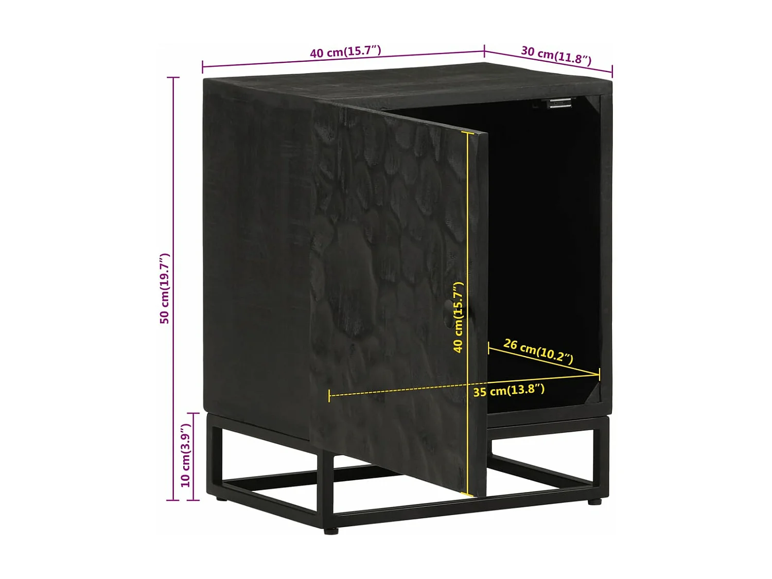 Table de chevet noir 40x30x50 cm bois massif manguier et fer