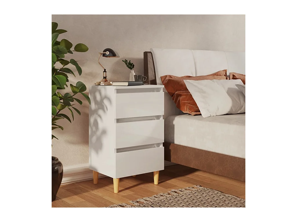 Table de chevet avec pieds en bois Blanc brillant 40x35x69 cm