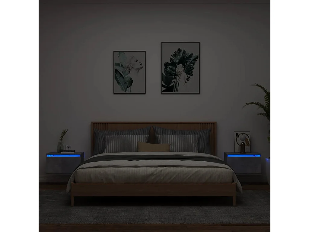 Mesitas de noche de pared con luces LED 2 unidades gris hormigón