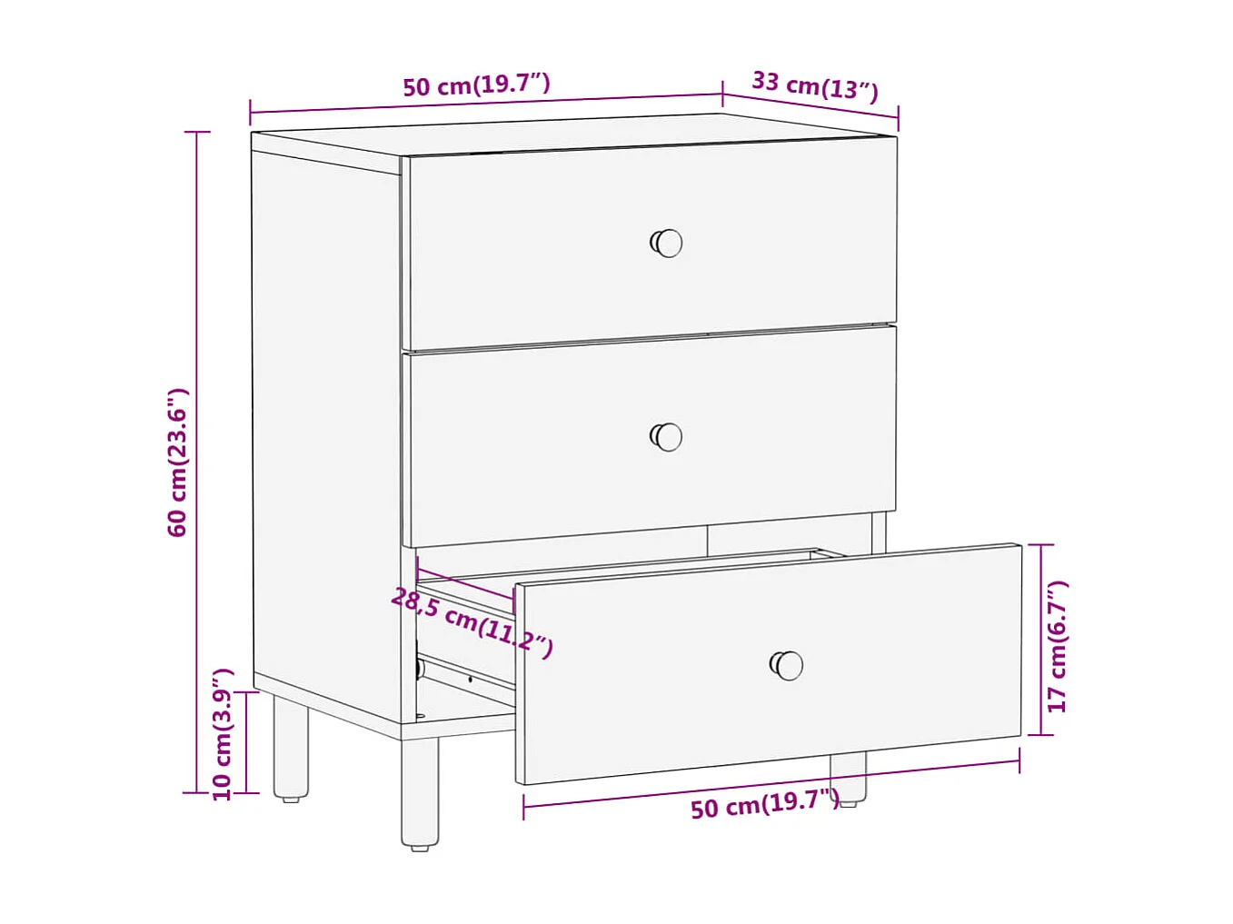 Mesita de noche madera maciza de mango 50x33x60 cm