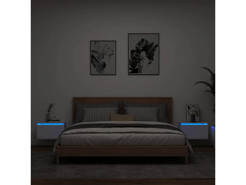 Mesas de cabeceira de parede com luzes LED 2 peças branco