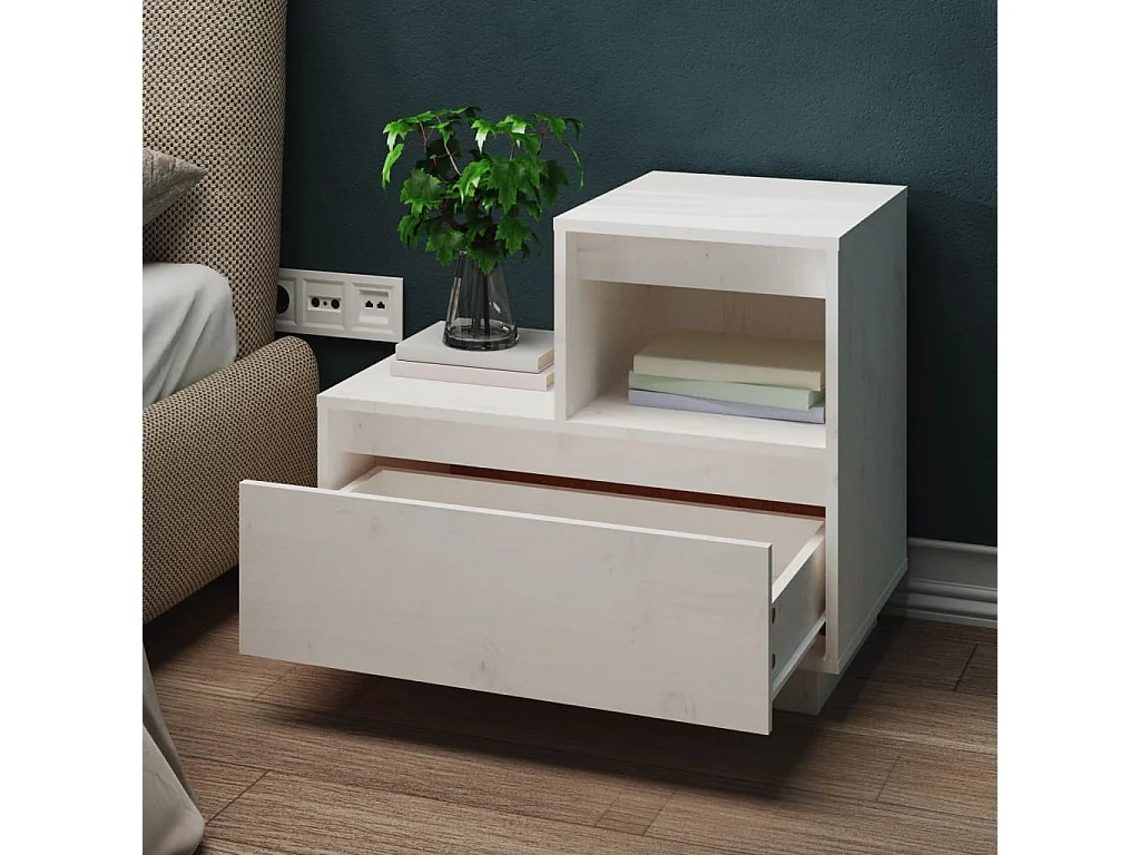 Mesita de noche madera maciza de pino blanco 60x34x51 cm