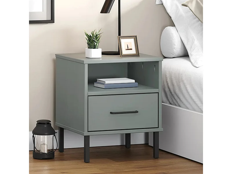 Table de chevet avec pieds en métal Gris Bois pin massif OSLO