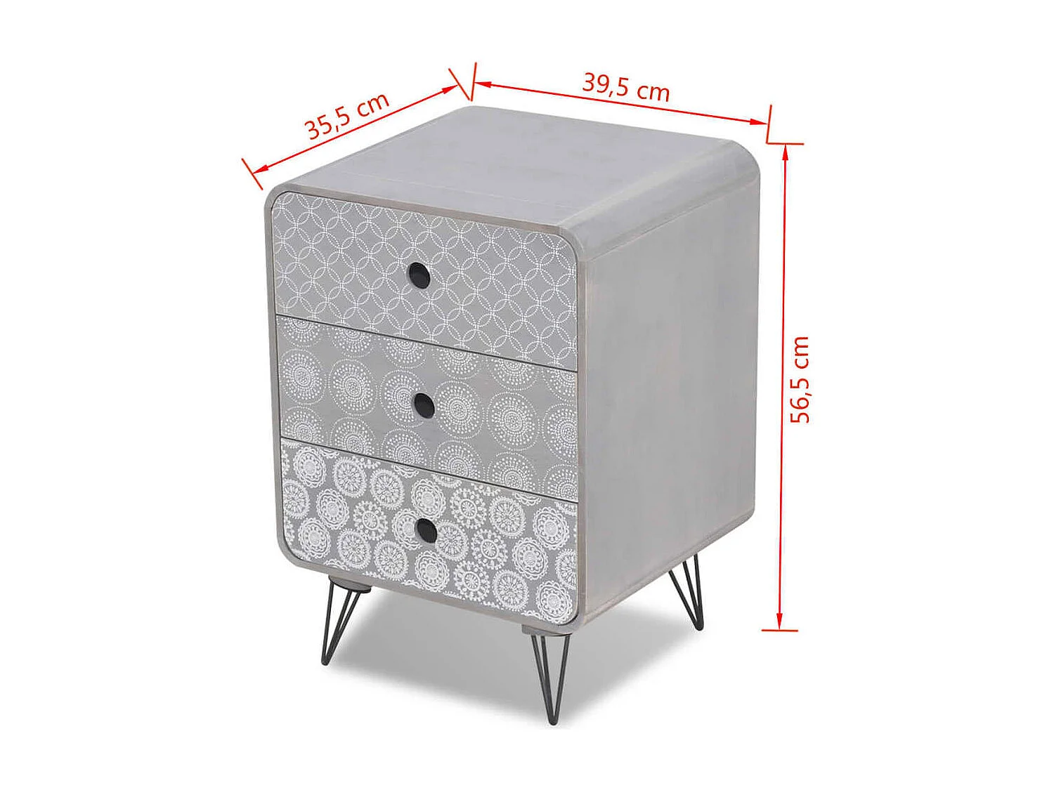 Mesa de apoio com 3 gavetas, cinzento