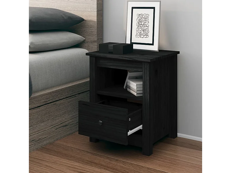 Mesita de noche madera maciza de pino negra 40x35x49 cm