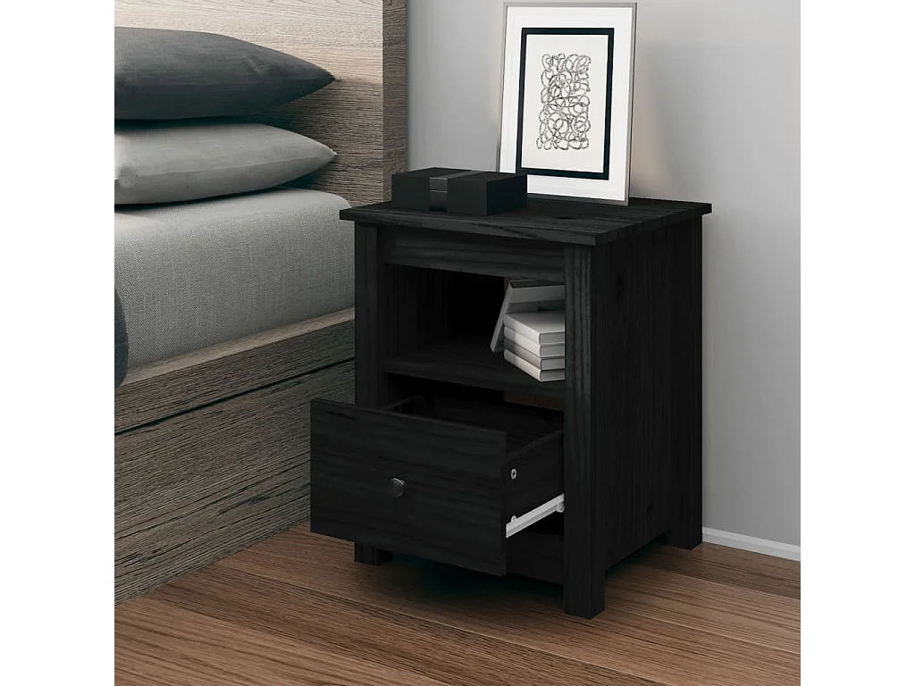 Mesita de noche madera maciza de pino negra 40x35x49 cm